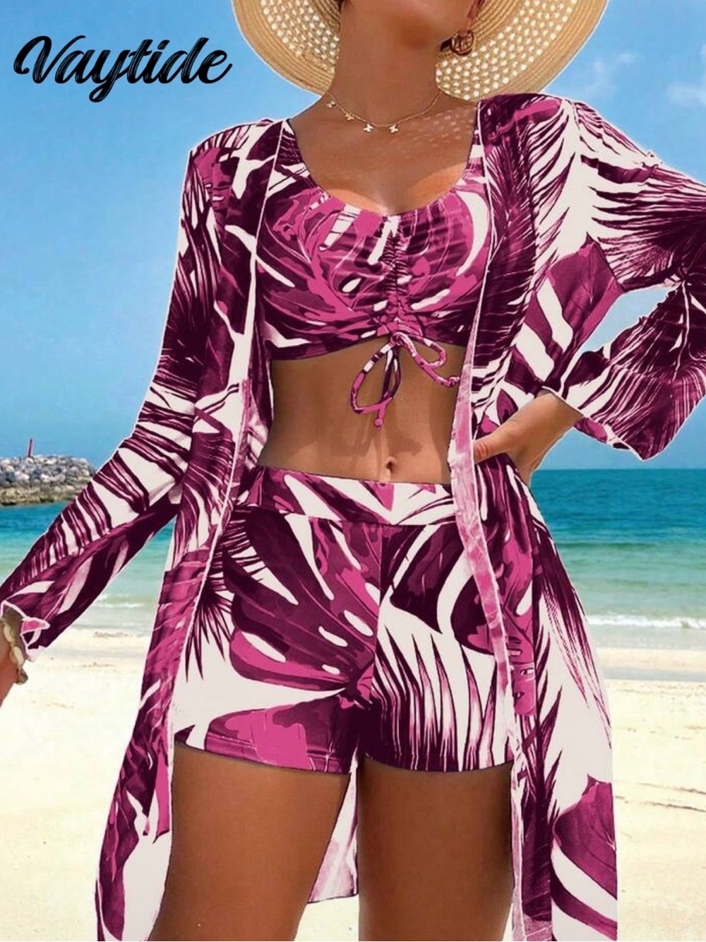 Women's Pink Tropical Print Swim Cover-Up Set